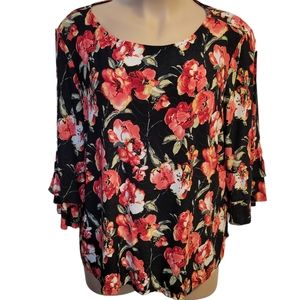 JtB Retro Mod 60's Top 3x Bell Sleeves Floral Pink & Black DmFliwer Power